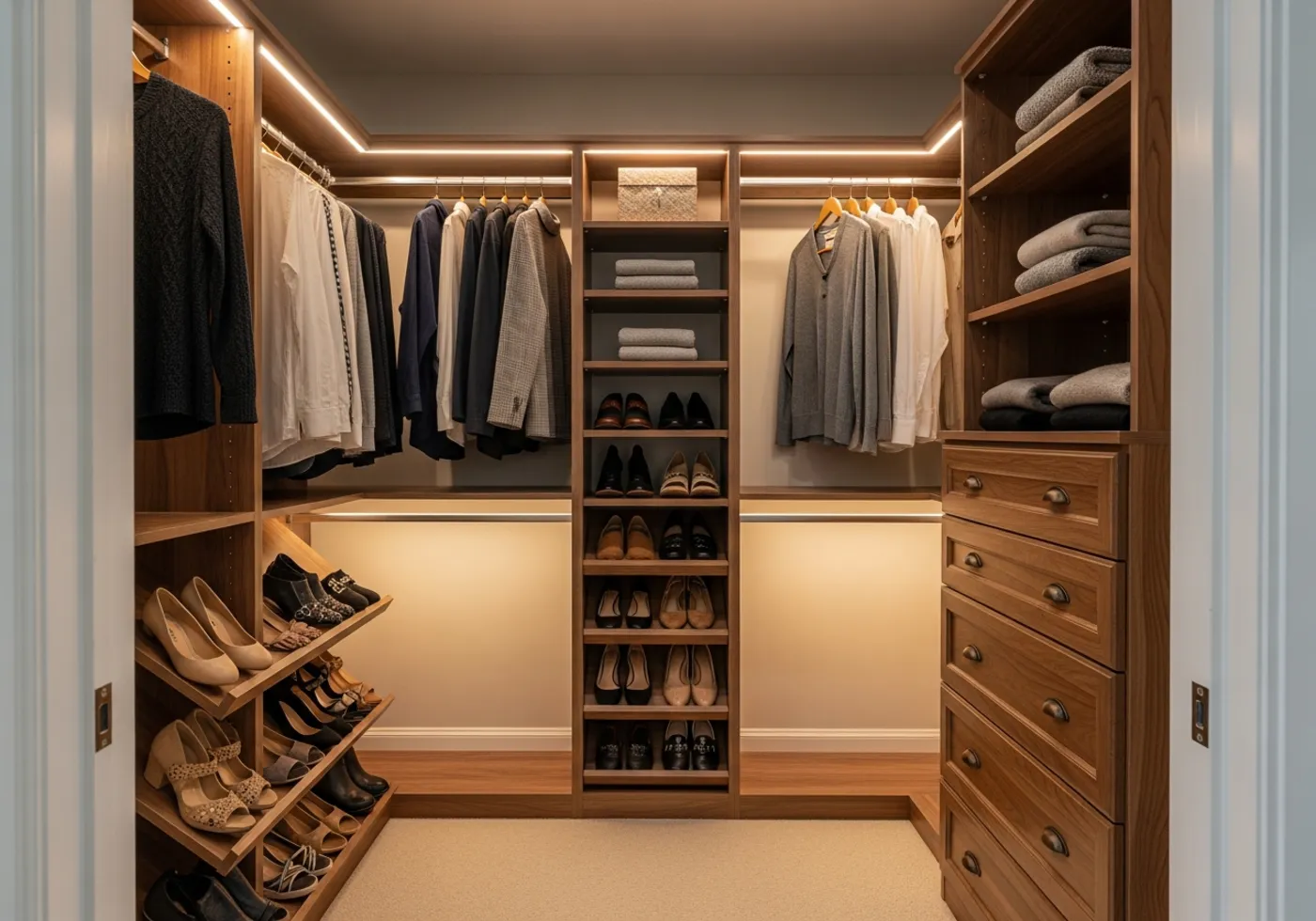 Walk-in closet after: floor-to-ceiling walnut system with LED lighting, shoe display shelves, and drawer bank