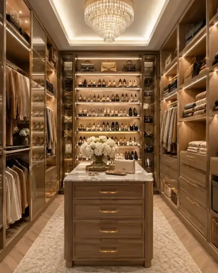 Custom walk-in closet with chandelier and full-length mirror