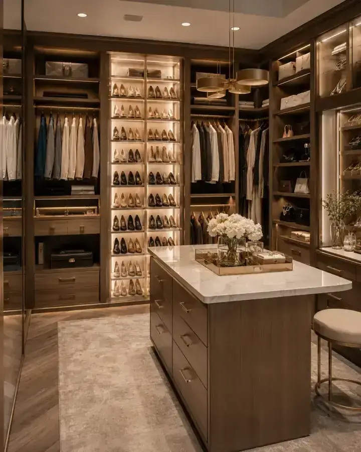 Luxury walk-in closet with center island and custom cabinetry