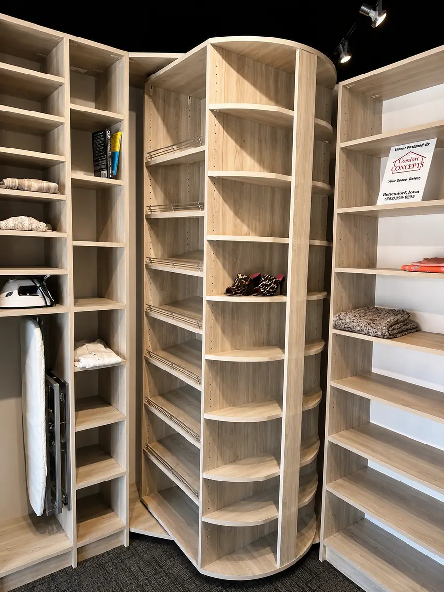 Comfort Concepts 360™ full corner system in our Bettendorf showroom — light oak finish with shoe storage